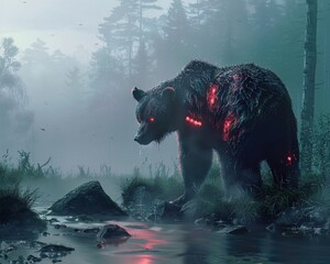 A bear with neon red laser claws, fishing in a river in a misty forest at dawn - obrazy, fototapety, plakaty