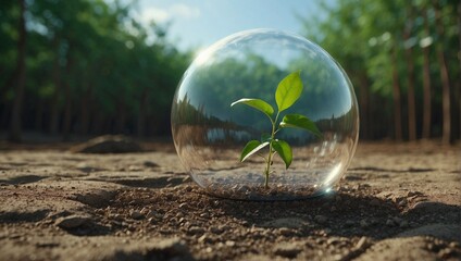 A bubble with small plant sprouting from the dry barren ground symbolizes hope and growth. Saving Earth and natural conservation concept. - obrazy, fototapety, plakaty
