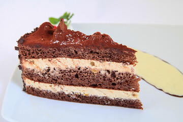 Piece of chocolate cake with decoration on white plate