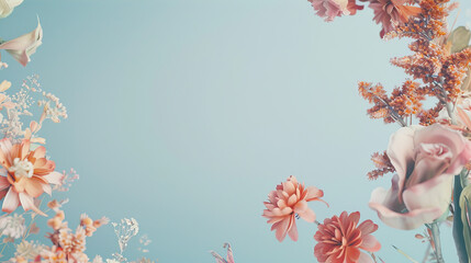 A frame of flowers on the right side with a blue background, using light pastel colors like pink...
