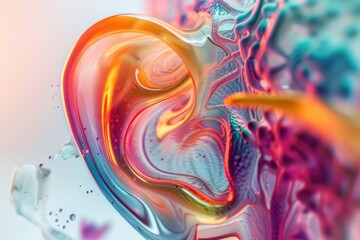 Obraz premium Artistic rendition of the ear anatomy, focusing on the cochlea and auditory nerve with a splash of abstract colors 3D illustration