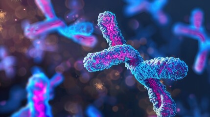 Artistic rendition of the X and Y chromosomes with subtle differences emphasized, set against a dark background  3D illustration