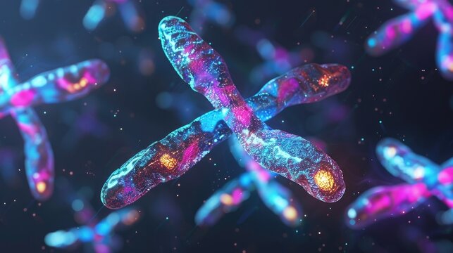 Artistic rendition of the X and Y chromosomes with subtle differences emphasized, set against a dark background  3D illustration