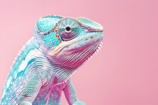 pastel rainbow colored chameleon on a pink background