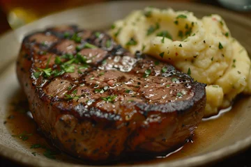 Foto op Canvas Juicy steak served with mashed potatoes, for restaurant content, created by Generative AI © Marina