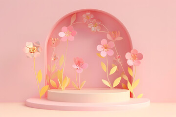 pink podium background with flowers and leaves, in the style of paper cut, cute pastel color palette