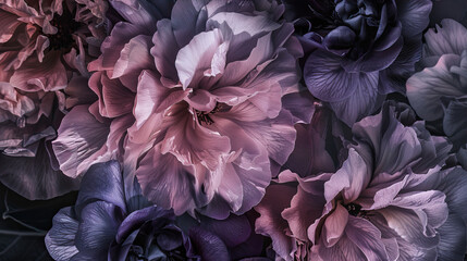 Pink and purple flowers, pink peonies on a dark gray background with textured, layered petals in...