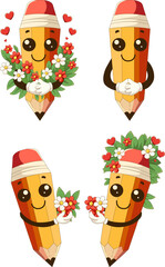 vector illustration, simple pencil, children's card for books, September 1st, holiday, colored pencil, cute character for textbooks, set