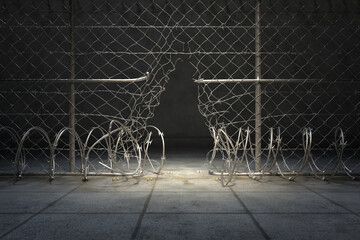 Dramatic Spotlight Illuminates a Damaged Chain Link Fence at Night - obrazy, fototapety, plakaty