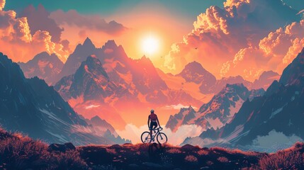 Cyclist enjoying breathtaking view of snow-capped mountains during a beautiful sunset on a clear day - obrazy, fototapety, plakaty