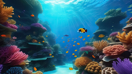 Fototapeta na wymiar A colorful coral reef with a yellow and black fish swimming in the middle. The fish is surrounded by many other fish of various colors. The scene is vibrant and lively