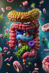 Detailed view of the human digestive tract with beneficial bacteria aiding in food breakdown and nutrient absorption  3D illustration - obrazy, fototapety, plakaty