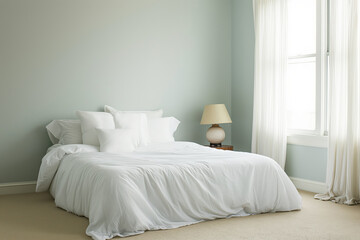 Fototapeta na wymiar Minimalist Bedroom Design With Clean White Bedding And Soft Natural Light