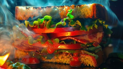 Obraz na płótnie Canvas A closeup of a neoninfused BLT sandwich, with each layer crisp and vivid