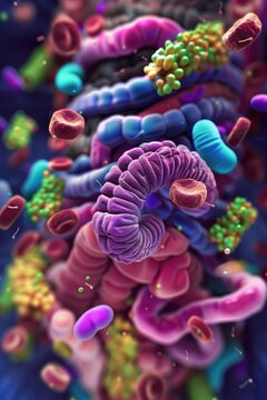 Detailed View Of The Human Digestive Tract With Beneficial Bacteria Aiding In Food Breakdown And Nutrient Absorption  3D Illustration