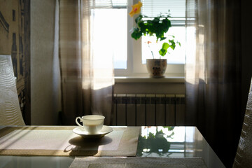 cup of hot steaming coffee on a sunny morning on the kitchen table