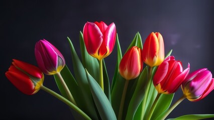 A bouquet of red and yellow tulips. The flowers are arranged in a vase and are in full bloom. The colors of the flowers create a vibrant and cheerful atmosphere