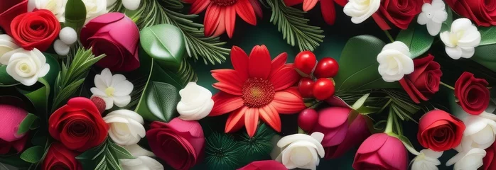 Fotobehang A bouquet of red and white flowers with a green background. The flowers are arranged in a way that creates a sense of depth and dimension. The red flowers are scattered throughout the bouquet © Sarbinaz Mustafina
