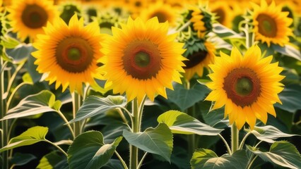 A bunch of yellow sunflowers are in a field. The sunflowers are all facing the same direction, towards the camera. Concept of warmth and happiness