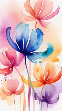 A colorful painting of flowers with a blue background. The flowers are in various shades of blue, purple, and pink. The painting has a vibrant and lively feel to it