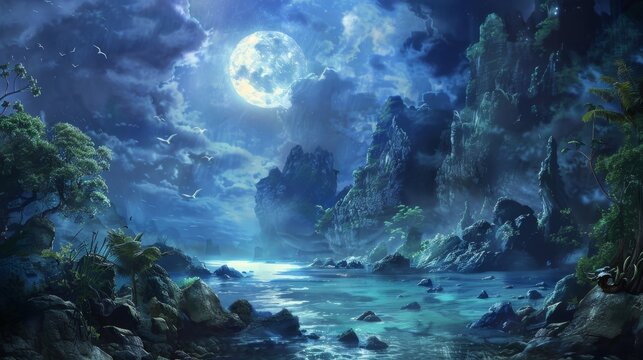 A fantasy cove with hidden treasure, illuminated by moonlight piercing through mist