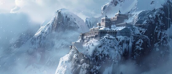 A frostcovered fortress etched into the side of a glacial mountain - obrazy, fototapety, plakaty