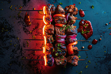 A glistening kebab skewer with neon lights accentuating each juicy piece of meat and vegetable