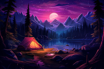 Campfire and tent as camping vacation illustration in Blacklight flat style illustration of Camping Evening Scene. Tent, Campfire, Pine forest and rocky mountains background, starry nigh Generative Ai