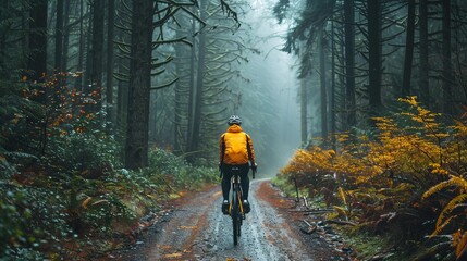 Adventurous cyclist in vibrant yellow cycling through misty forest trail on foggy day