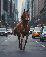 A horse racing against cars on a city street, symbolizing tradition and endurance in the face of modern challenges - obrazy, fototapety, plakaty