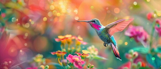 A hummingbird with neon pink turbo wings, hovering in a colorful flower garden - obrazy, fototapety, plakaty