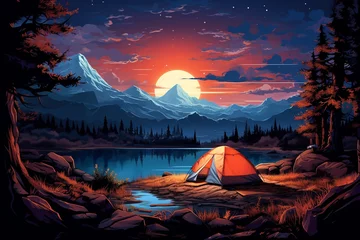 Foto op Plexiglas Campfire and tent as camping vacation illustration in Blacklight flat style illustration of Camping Evening Scene. Tent, Campfire, Pine forest and rocky mountains background, starry nigh Generative Ai © AbdullahAl