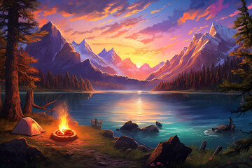 starry camp site with a bonfire illustration Conceptual illustration of camping with mountains and forest in the background. Conceptual illustration of camping at sunset Generative Ai - Powered by Adobe