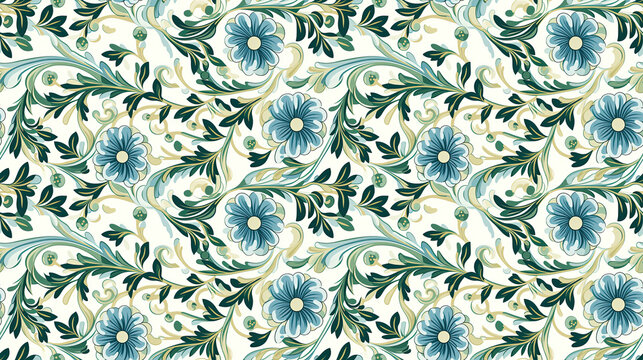 Flower pattern, beautiful blue and green seamless floral wallpaper, summer nature design with vintage decorative leaves on a white background