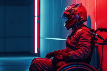A man in overalls with a cyber helmet on his head, sitting in a wheelchair in an old apartment, high technology and a low standard of living of society, concept