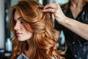 Hair Care Routine for Healthy, Shiny Hair. Hairdresser Styling Long Wavy Hair of Young Woman in Modern Salon with Natural Lighting.