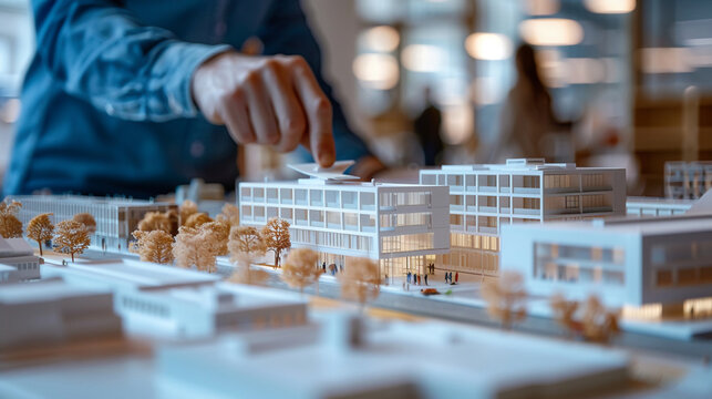 A macro shot of an architectural model being reviewed by engineers highlighting the planning phase of construction projects