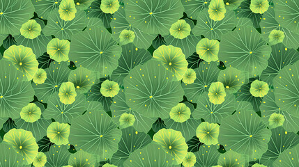 Pattern of round nasturtium leaves, green seamless organic design of circle shaped plants in a tile pattern. - obrazy, fototapety, plakaty