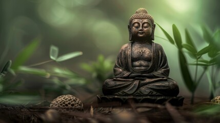 Little Buddha statue in blurred green bamboo zen jungle, friendly peaceful tropical environment, fre