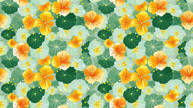 Pattern of round nasturtium leaves and orange flowers, green seamless wallpaper design of circle shaped plants.