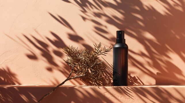 Black spray bottle with a branch of dried rosemary against a coral background