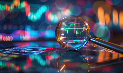 A magnifying glass over financial charts and graphs, representing stock market analysis or business data presentation. High quality stock photo in the style of bokeh panorama, tiltshift lens