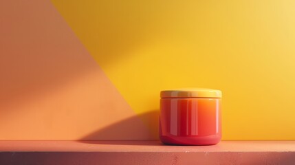 Red jar on peach shelf against yellow gradient background. Minimalist product display with geometric shapes