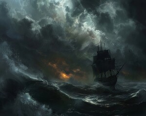 A stormy sea with a pirate ship, black sails unfurling against the thunderous sky