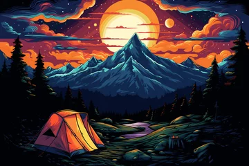 Fotobehang Campfire and tent as camping vacation illustration in Blacklight flat style illustration of Camping Evening Scene. Tent, Campfire, Pine forest and rocky mountains background, starry nigh Generative Ai © AbdullahAl