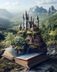 A storybook opening to reveal a living, breathing miniature fantasy kingdom