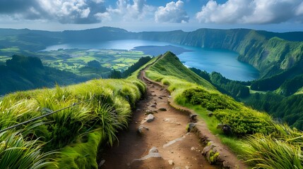 Mountain landscape with hiking trail and view of beautiful lakes Ponta Delgada, Sao Miguel Island, Azores, Portugal, Mountain landscape with hiking trail and view of beautiful lakes Ai Generated   - obrazy, fototapety, plakaty