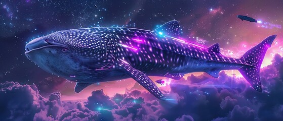 A whale shark with neon purple railguns, cruising in the open sea under the starry sky - obrazy, fototapety, plakaty