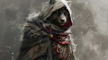 Anthropomorphic wolf warrior in tribal attire. Digital art of a fantasy character with mystical symbols.