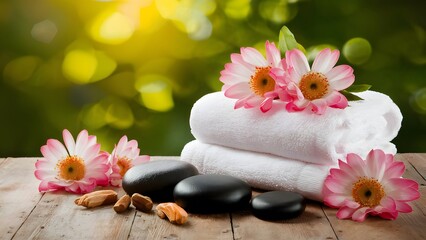 Fototapeta na wymiar Front view of spa massage stones, towels, pink flowers